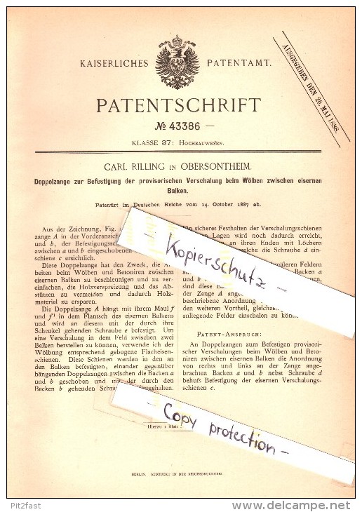 Original Patent - Carl Rilling In Obersontheim , 1887 , Doppelzange Zum Wölben Von Balken , Hausbau , Bau , Fachwerk !!! - Antike Werkzeuge