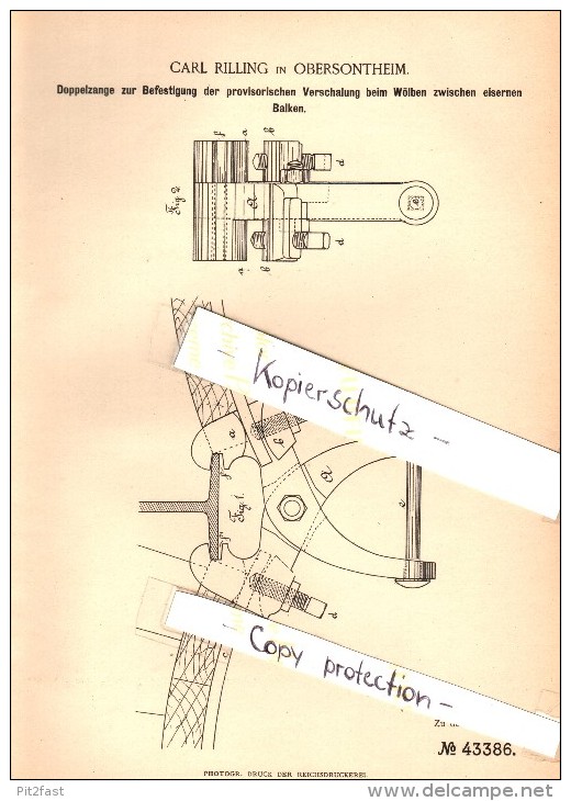 Original Patent - Carl Rilling In Obersontheim , 1887 , Doppelzange Zum Wölben Von Balken , Hausbau , Bau , Fachwerk !!! - Antike Werkzeuge