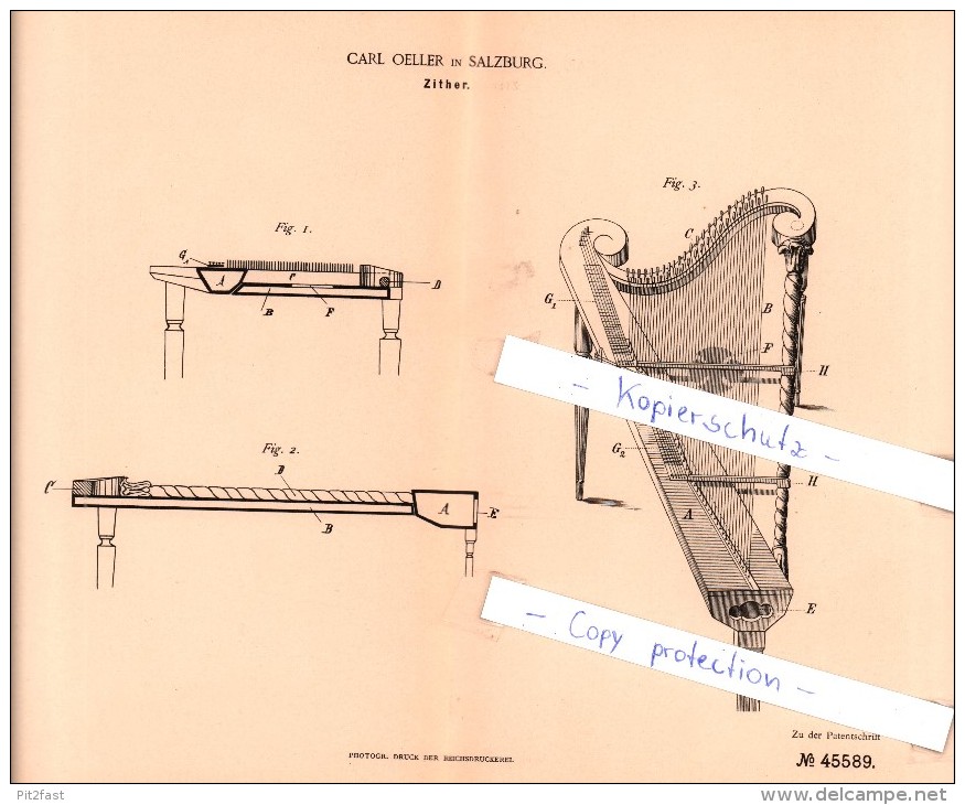 Original Patent  - Carl Oeller In Salzburg , 1888 , Zither !!! - Musikinstrumente