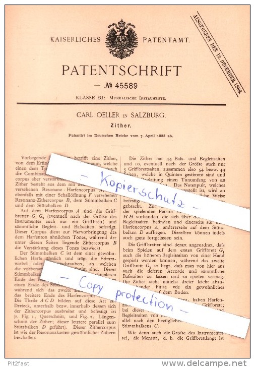 Original Patent  - Carl Oeller In Salzburg , 1888 , Zither !!! - Instruments De Musique