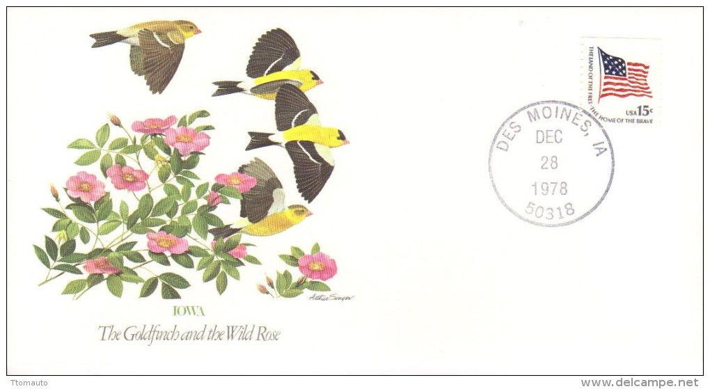 Birds And Flowers Of US States  - Iowa  -  Goldfinch  -   Wild Rose  -  Fleetwood FDC - Moineaux