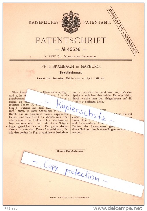 Original Patent  - Ph. J. Brambach In Marburg , 1888 , Streichinstrument !!! - Musical Instruments