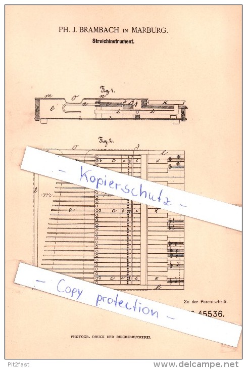 Original Patent  - Ph. J. Brambach In Marburg , 1888 , Streichinstrument !!! - Muziekinstrumenten