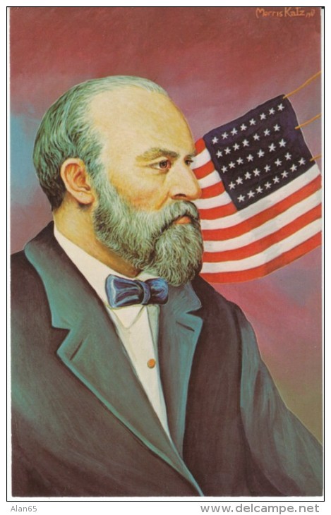 US President James Garfield, Morris Katz Artist Signed C1960s Vintage Postcard - Personaggi