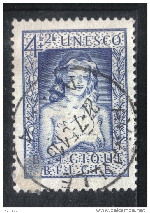 W2334 - BELGIO 1951 , 4 + 2 Fr Blu N. 844 Usato . UNESCO - Usati