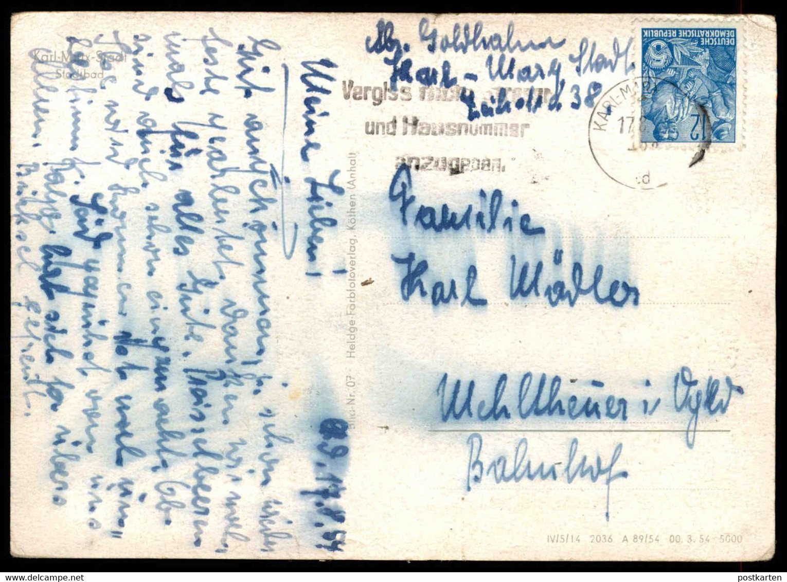 ALTE POSTKARTE KARL-MARX-STADT 1954 STADTBAD Schwimmbad Heldge Farbfoto-Verlag Köthen Bad Bath Ansichtskarte AK Postcard - Chemnitz (Karl-Marx-Stadt 1953-1990)