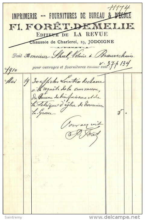 Facture : Fl. Forêt-Demelie  à Jodoigne Editeur De La Revue - Imprenta & Papelería