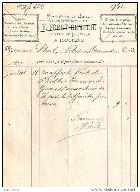 Facture : F Foret-Demelie à Jodoigne Fournitures De Bureau Affiches Lettres De Mariage - Printing & Stationeries