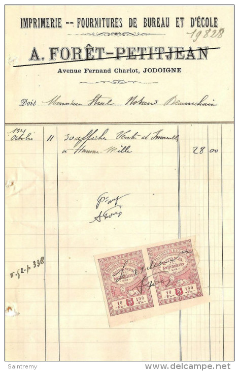 Facture : A. FOrêt-Petitjean à Jodoigne - Imprenta & Papelería