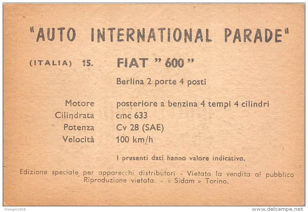 02735 "FIAT 600 BERLINA" AUTO - CAR - FIGURINA ORIGINALE - ORIGINAL TRADING CARD. SIDAM - TORINO. 1961 - Engine