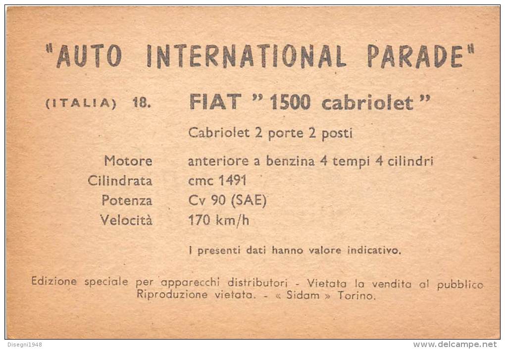 02736 "FIAT  1500 CABRIOLET" AUTO - CAR - FIGURINA ORIGINALE - ORIGINAL TRADING CARD. SIDAM - TORINO. 1961 - Auto & Verkehr