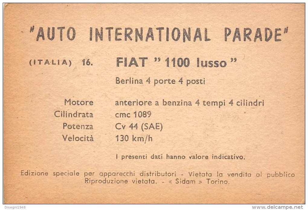 02737 "FIAT  1100 LUSSO BERLINA" AUTO - CAR - FIGURINA ORIGINALE - ORIGINAL TRADING CARD. SIDAM - TORINO. 1961 - Motoren