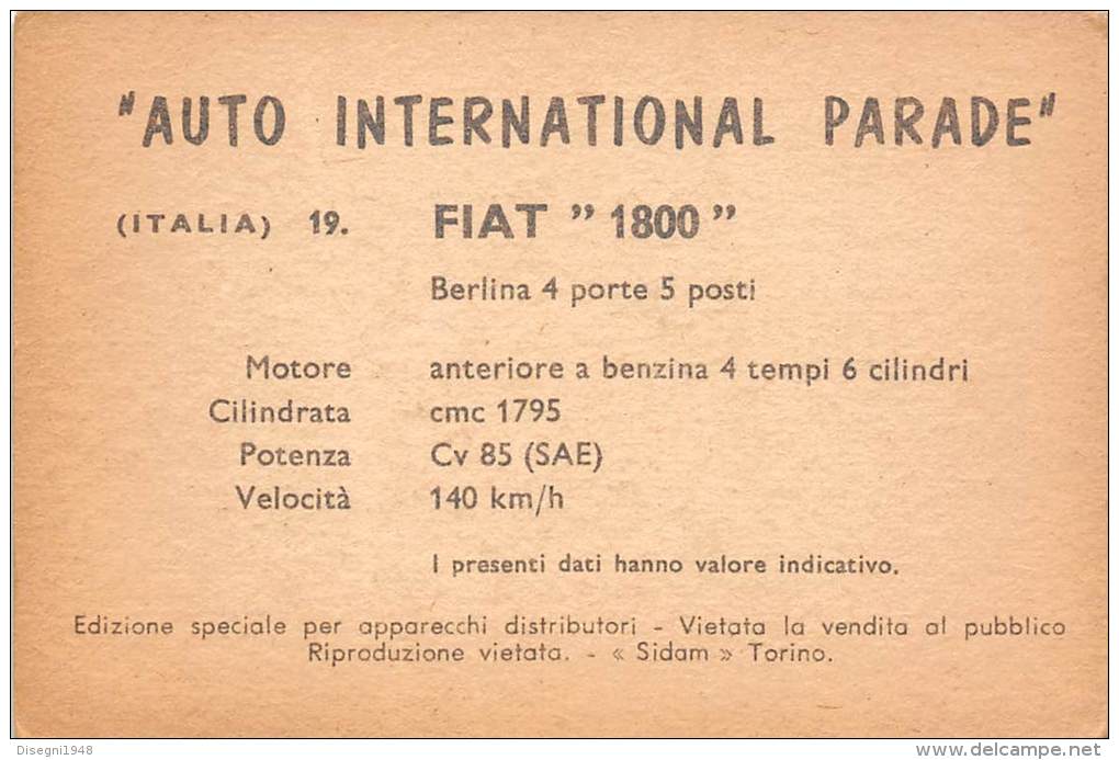 02738 "FIAT  1800  BERLINA" AUTO - CAR - FIGURINA ORIGINALE - ORIGINAL TRADING CARD. SIDAM - TORINO. 1961 - Motoren