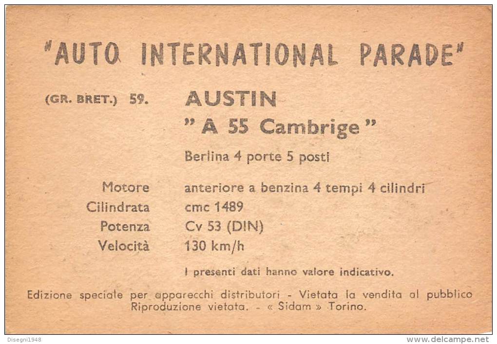 02745 "AUSTIN A 55 CAMBRIDGE BERLINA" AUTO - CAR - FIGURINA ORIGINALE - ORIGINAL TRADING CARD. SIDAM - TORINO. 1961 - Motores