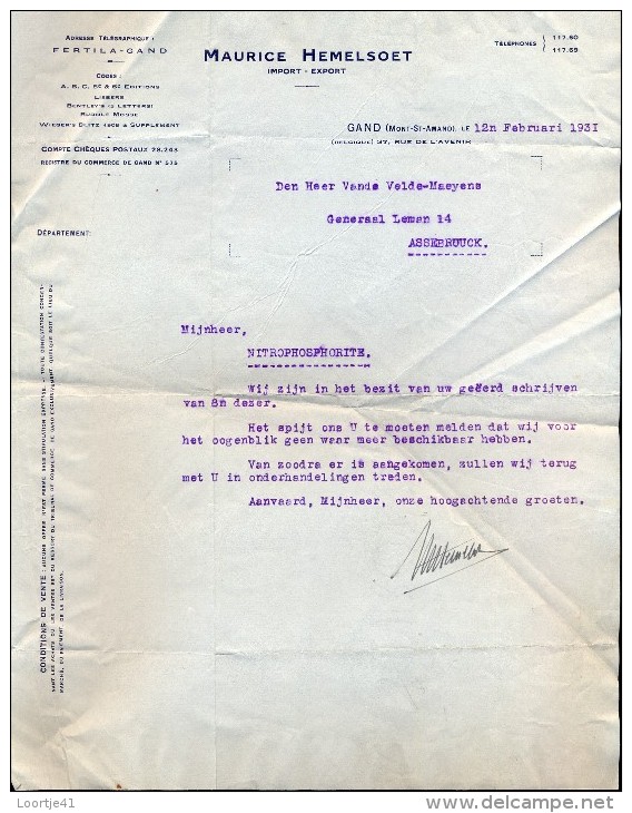 Facture Faktuur - Brief Lettre - Maurice Hemelsoet - Gand Gent 1931 - Other & Unclassified