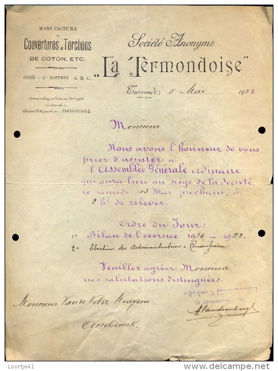 Facture Faktuur - Brief Lettre - Couvertures De Coton - La Termondoise - Dendermonde 1922 - Sonstige & Ohne Zuordnung