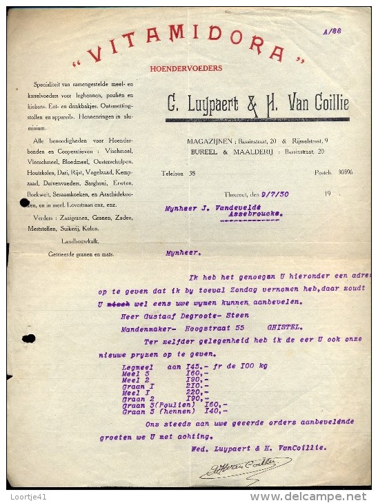 Facture Faktuur - Prijslijst Hoendervoeders Vitamidora Luypaert & Van Coillie - Torhout 1930 - Landbouw