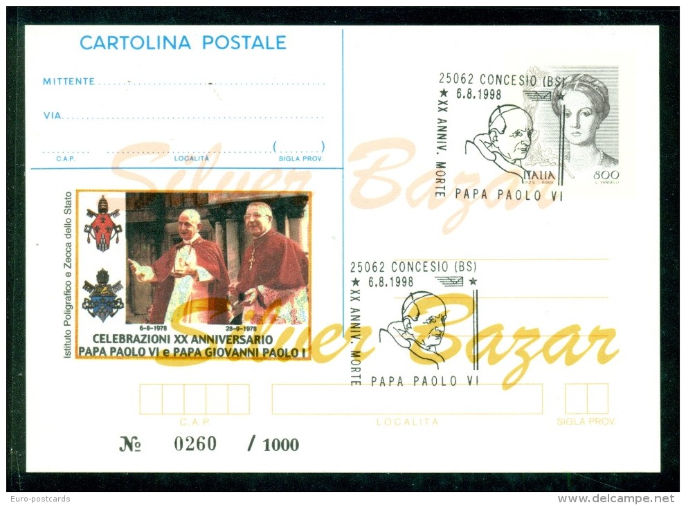 INTERO POSTALE - INTERI POSTALI - CARTOLINA POSTALE - IPZS - I.P.Z.S-CONCESIO-PAPI-PAOLO VI°-ANNO SANTO-GIUBILEO - Postwaardestukken