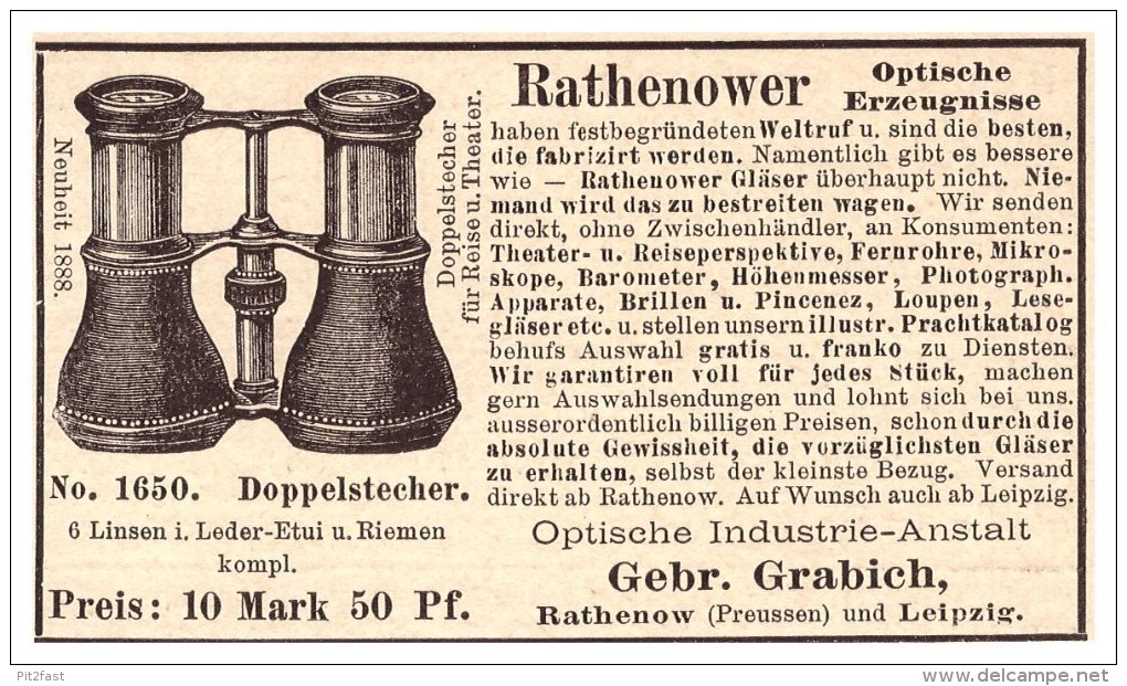 Original Werbung - 1888 -  Gebr. Grabich In Rathenow Und Leipzig , Fernglas , Optik , Fernstecher !! - Ottica