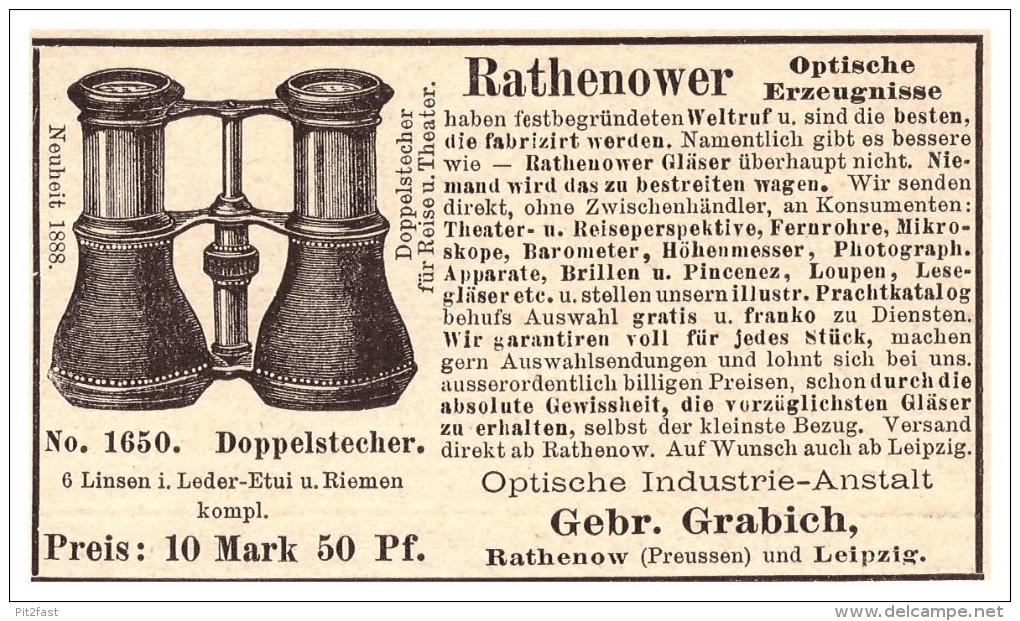 Original Werbung - 1888 -  Gebr. Grabich In Rathenow Und Leipzig , Fernglas , Optik , Fernstecher !! - Optique