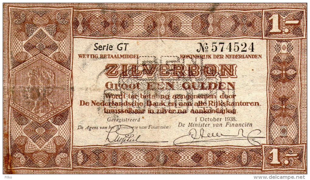 Netherland,Zilverbon 1gulden 1938,Serie:GT,P.61,as Scan - 1 Gulden