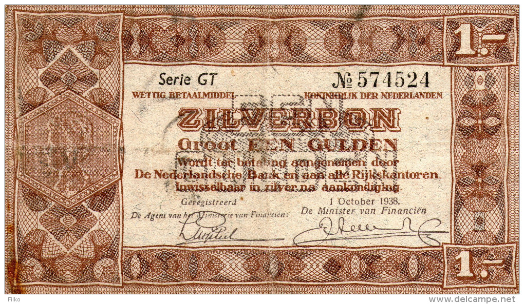 Netherland,Zilverbon 1gulden 1938,Serie:GT,P.61,as Scan - 1 Florín Holandés (gulden)