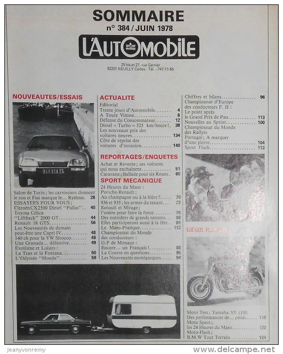 L´Automobile Sport Mécanique. N° 384. Juin 1978. CX Diesel. Toyota Celica 2L. Yamaha 1100XS. Les 24 Heures Du Mans. - Sport