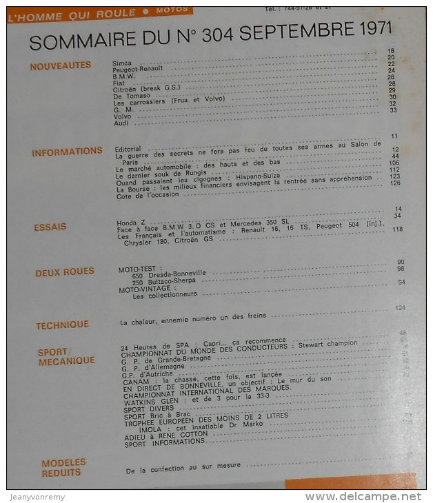 L´Automobile Sport Mécanique. N° 304. Septembre 1971. Les Voitures Du Salon De Paris. Un Nouveau Break Citroën GS. - Sport