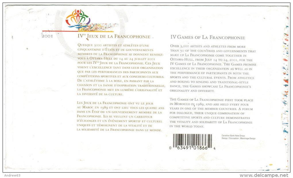 CANADA - 2001 - IV Jeux De La Francophonie - FDC - Viaggiata Da Ottawa Per Bayonne, France - 2001-2010