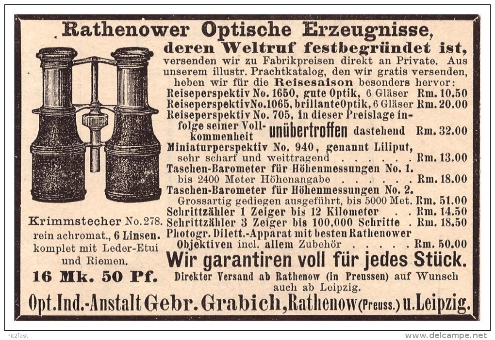 Original Werbung - 1888 - Gebr. Grabich In Rathenow Und Leipzig , Fernglas , Optik , Fernstecher !! - Optik