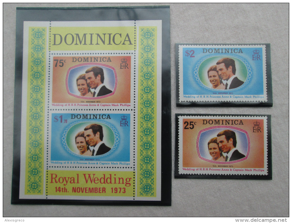 DOMINICA 1973 ROYAL WEDDING Princess ANNE To MARK PHILLIPS SET TWO STAMPS + MINISHEET MNH. - Dominica (1978-...)