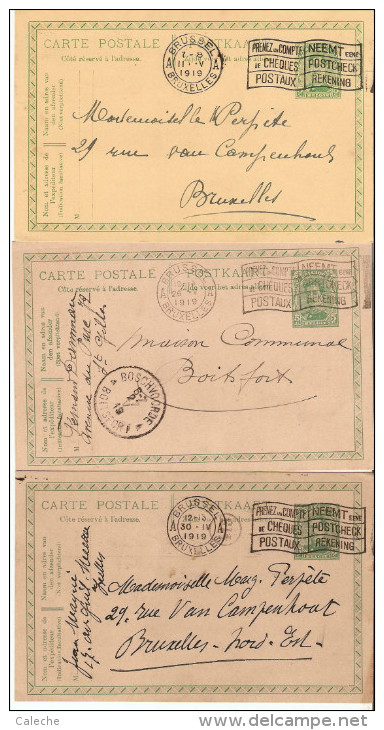 3 Entiers Postaux (utilisation Papier Différent)- Bruxelles A (cachet De Réserve De L'exposition) + Flamme TB - Fortune Cancels (1919)