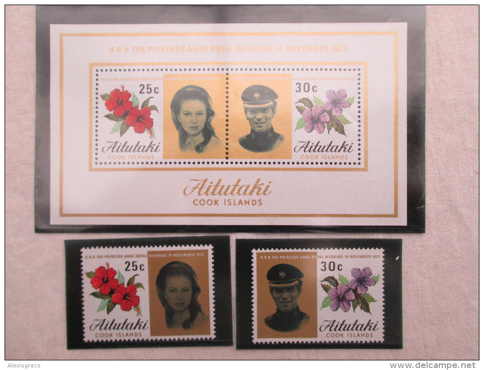 AITUTAKI (COOK ISLANDS) 1973 ROYAL WEDDING Princess ANNE To MARK PHILLIPS SET TWO STAMPS + MINISHEET MNH. - Aitutaki