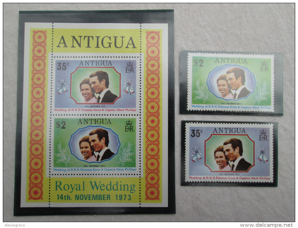 ANTIGUA 1973 ROYAL WEDDING Princess ANNE To MARK PHILLIPS SET TWO STAMPS + MINISHEET MNH. - 1960-1981 Autonomie Interne