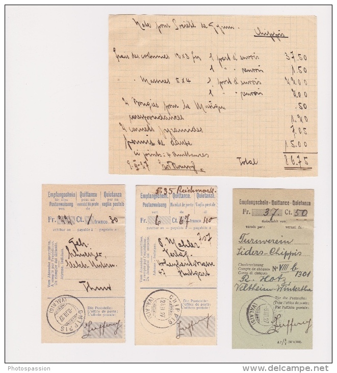 3 Quittances Pour Mandat De Poste - 3 Empfangschein Für Eine Postanweisung - Poste De Chippis En 1927 + 1 Feuille Notice - Switzerland