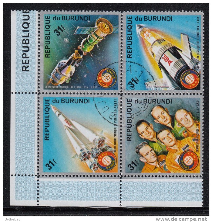 Burundi Used Scott #478 Block Of 4 31fr Apollo Soyuz Space Test Project - Oblitérés