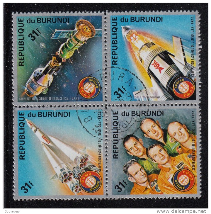 Burundi Used Scott #478 Block Of 4 31fr Apollo Soyuz Space Test Project - Etats-Unis