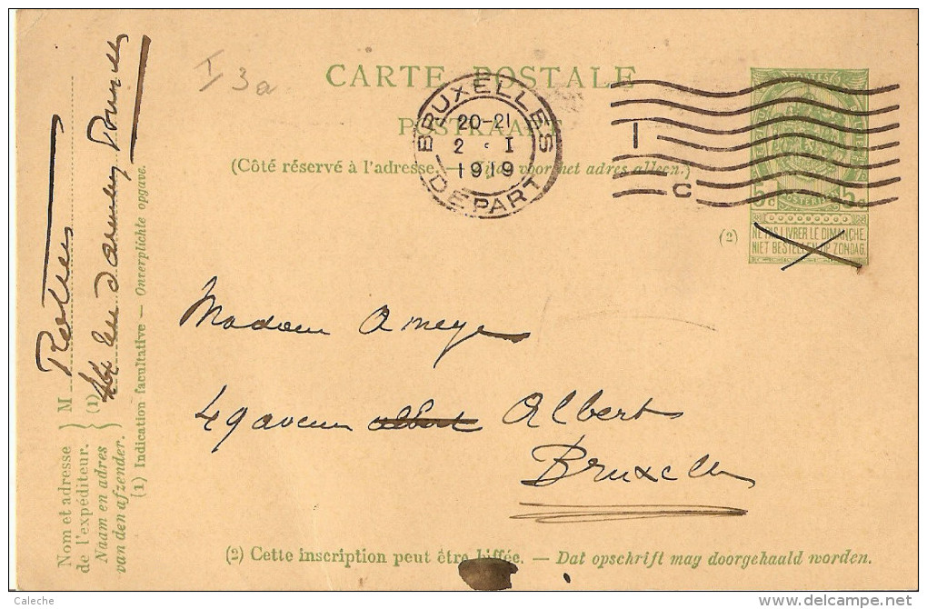 Entier Postal De 1908 Utilisé Le 2/1/1919 - Obl Mécamique Bruxelles Départ-cercle Intérieur Brisé (sous Le BR)de Brux - Fortune Cancels (1919)