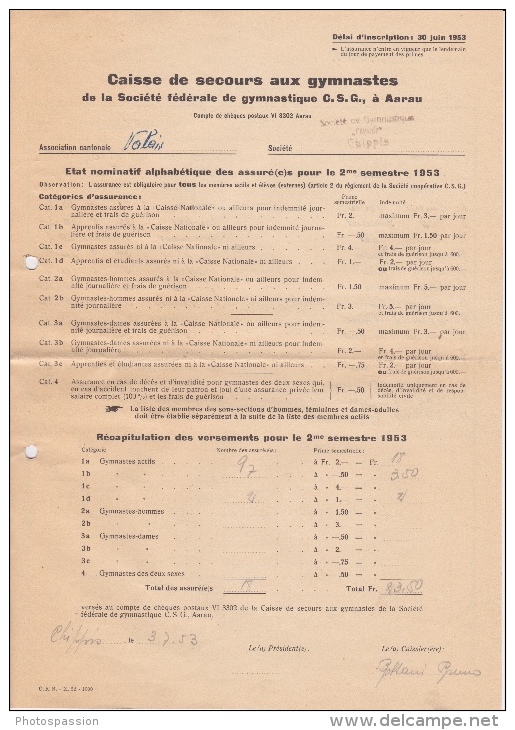 Caisse De Secours Aux Gymnastes Pour Le 1er Et Le 2ème Semestre 1953 - 2 Formulaires Contenant Les Noms Des Assurés - Zonder Classificatie