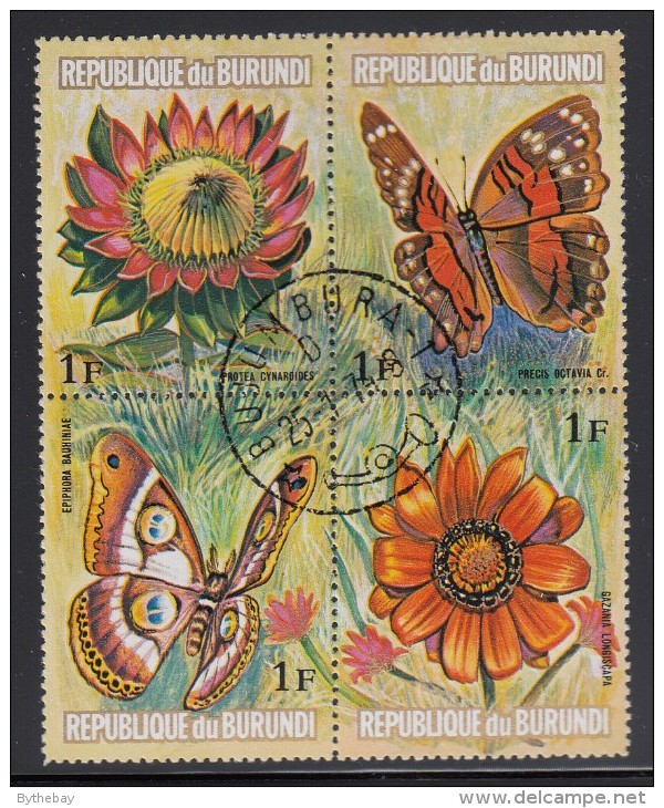 Burundi Used Scott #435 Block Of 4 1fr Flowers And Butterflies - Oblitérés