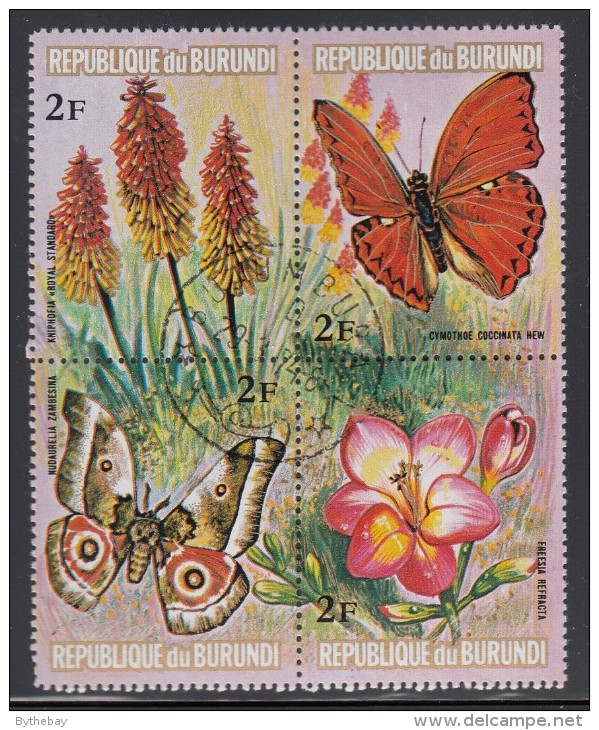 Burundi Used Scott #436 Block Of 4 2fr Flowers And Butterflies - Oblitérés