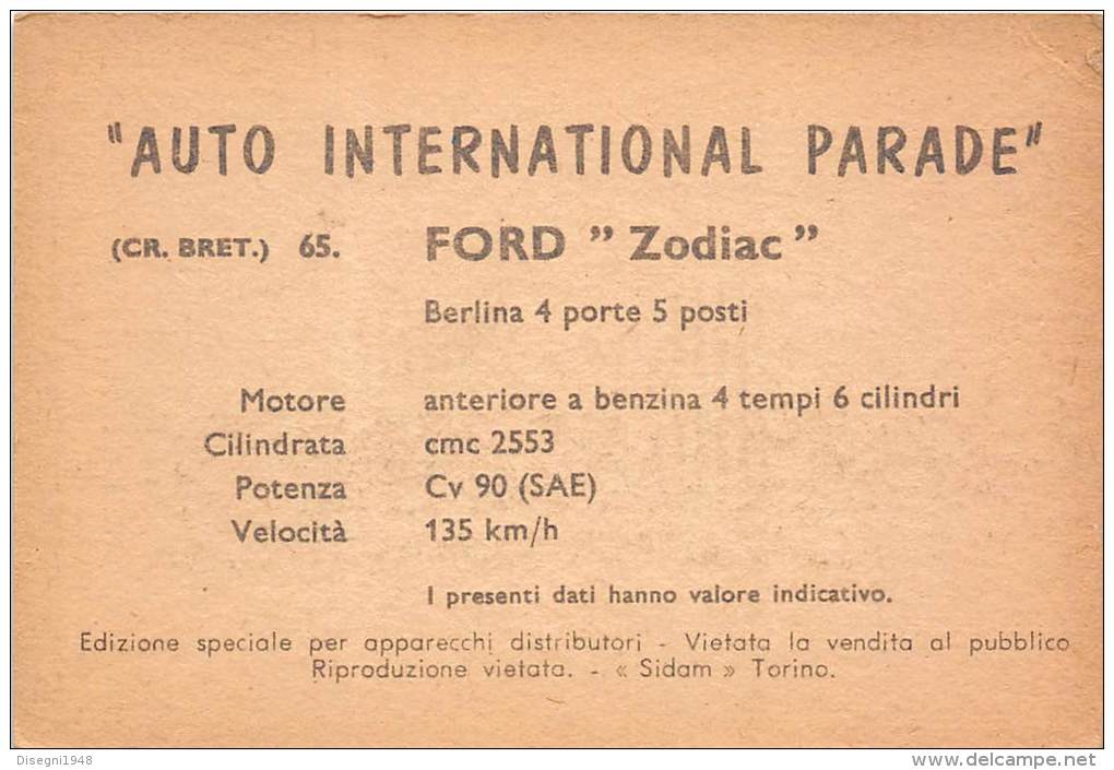 02746 "FORD ZODIAC BERLINA" AUTO - CAR - FIGURINA ORIGINALE - ORIGINAL TRADING CARD. SIDAM - TORINO. 1961 - Motori