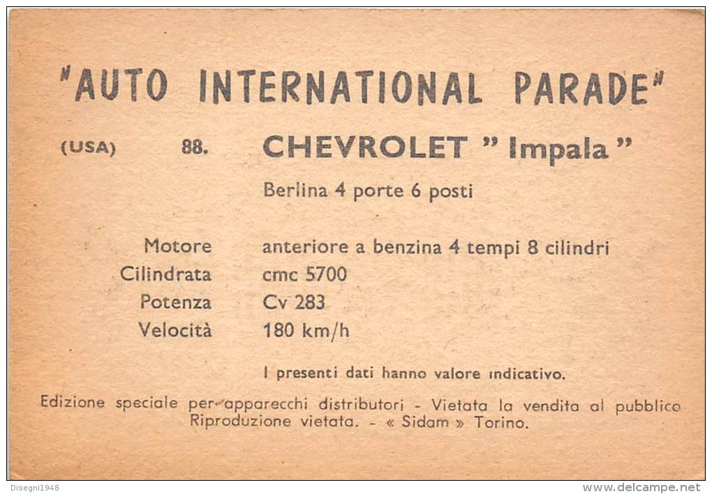 02751 "CHEVROLET IMPALA SEDAN"  CAR.  ORIGINAL TRADING CARD. " AUTO INTERNATIONAL PARADE, SIDAM - TORINO". 1961 - Auto & Verkehr