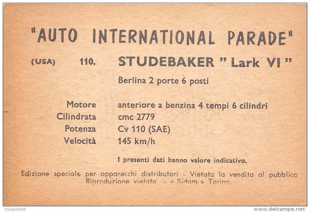 02753 "STUDEBAKER LARK VI SEDAN"  CAR.  ORIGINAL TRADING CARD. " AUTO INTERNATIONAL PARADE, SIDAM - TORINO". 1961 - Motoren