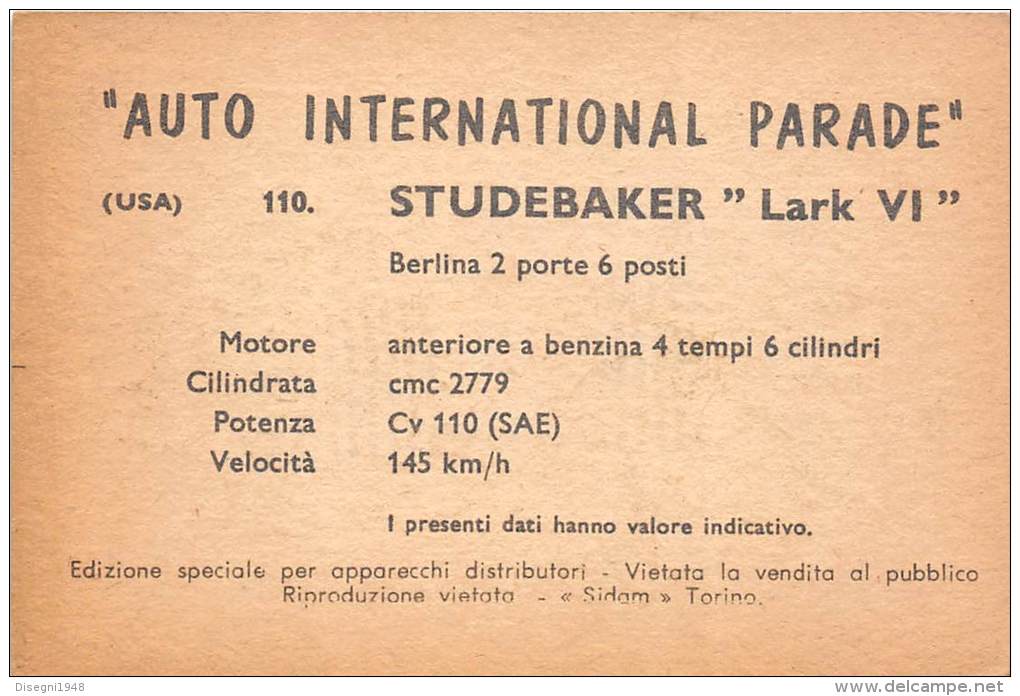 02753 "STUDEBAKER LARK VI SEDAN"  CAR.  ORIGINAL TRADING CARD. " AUTO INTERNATIONAL PARADE, SIDAM - TORINO". 1961 - Motori