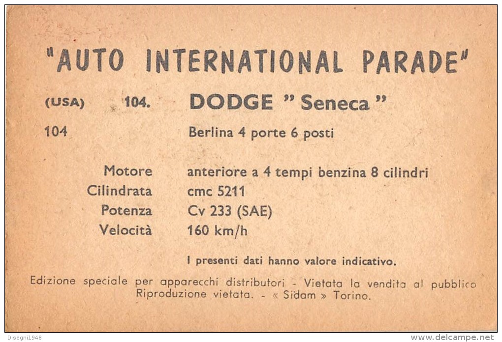 02754 "DODGE SENECA SEDAN"  CAR.  ORIGINAL TRADING CARD. " AUTO INTERNATIONAL PARADE, SIDAM - TORINO". 1961 - Motores