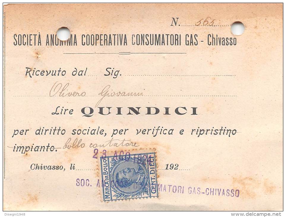 02760 "CHIVASSO  - SOCIETA´ ANONIMA COOPERATIVA CONSUMATORI GAS" RICEVUTA, DATATA 1924 - Italien