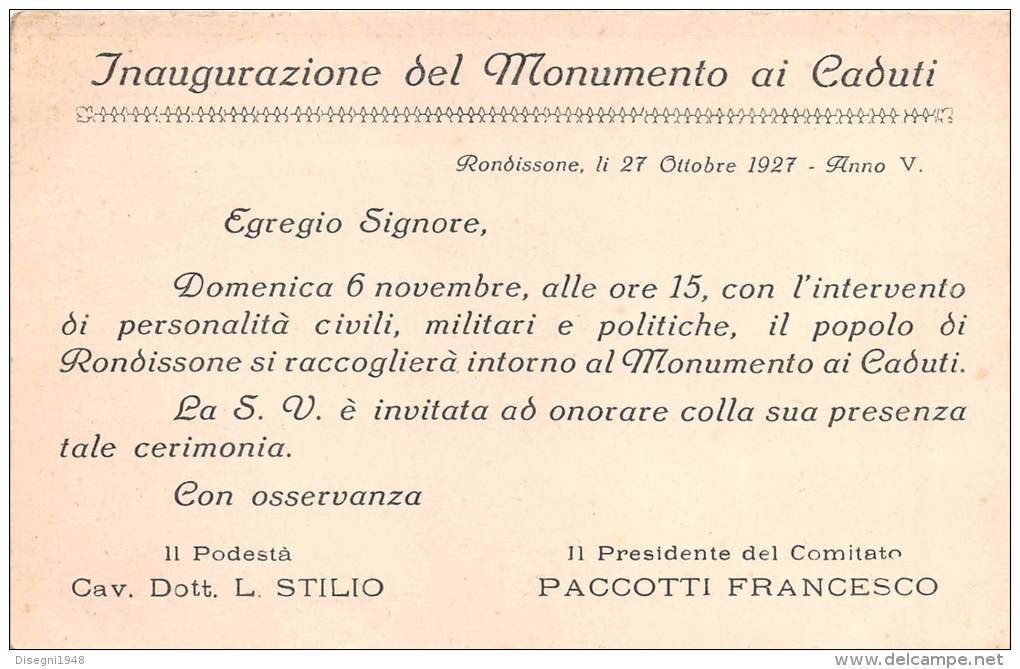 02762 "RONDISSONE - INAUGURAZIONE DEL MONUMENTO AI CADUTI". CARTONCINO D´INVITO.  27.10.1927 - Programs