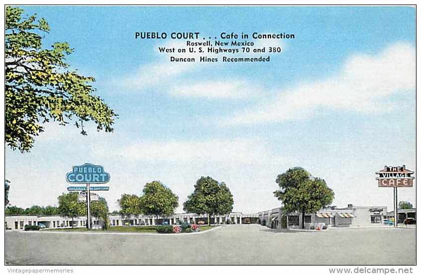 228327-New Mexico, Roswell, Pueblo Court & Village Cafe, Highway 70-380, Linen Postcard, EC Kropp No 3282N - Roswell