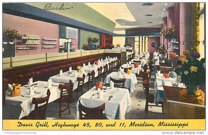 228333-Mississippi, Davis Grill, Restaurant Interior, Highway 45-80-11, Linen Postcard, Merritt No K 1856 - Meridian